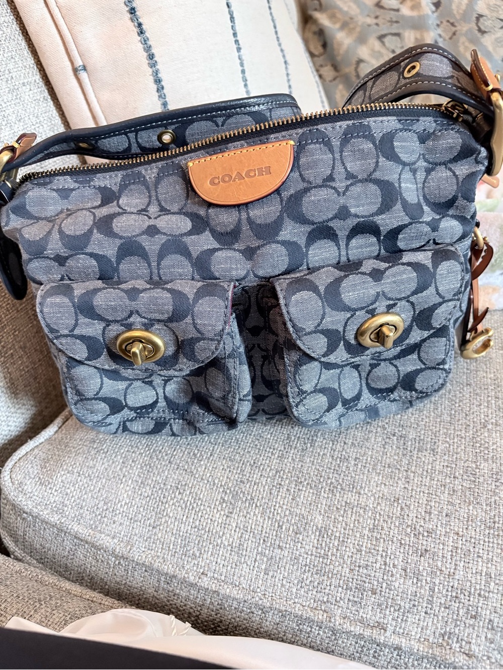 Coach Gray Signature Canvas Shoulder Crossbody with Front Turn-Lock Pockets